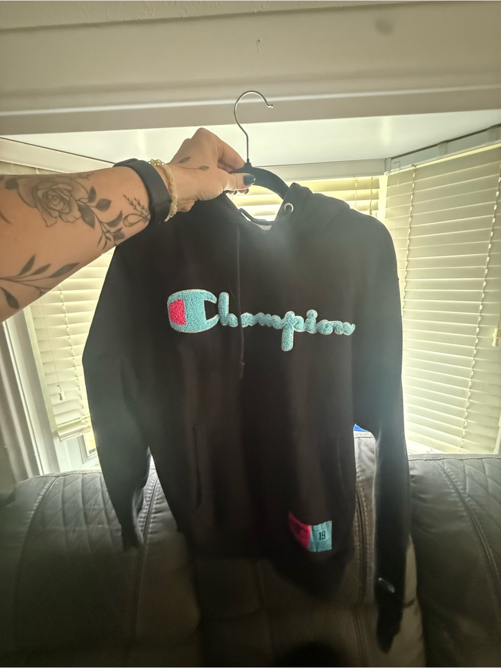 Champion Men’s Black Zip-Up Hoodie with Aqua and Pink Script Logo